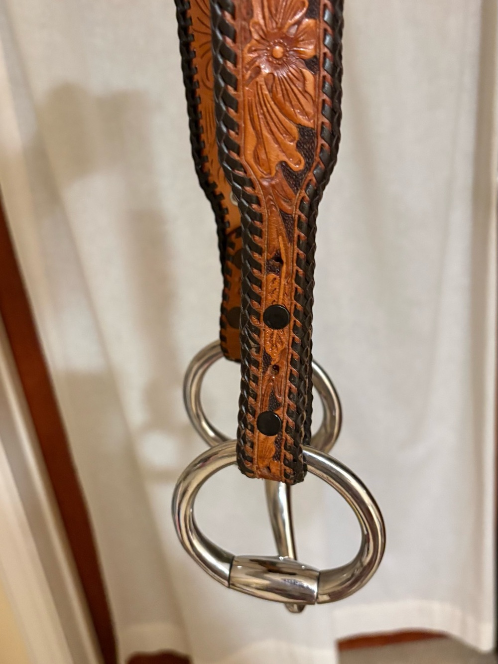 Falconhead Hand-Tooled Brown Leather Strap with Silver bit.